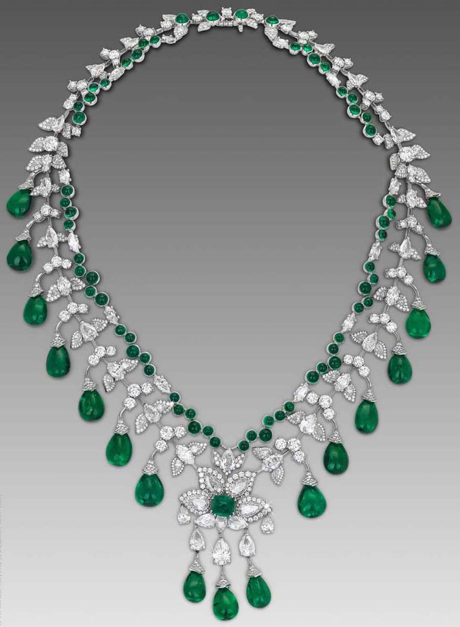 Zambian cabochon emerald necklace by David Morris in white
